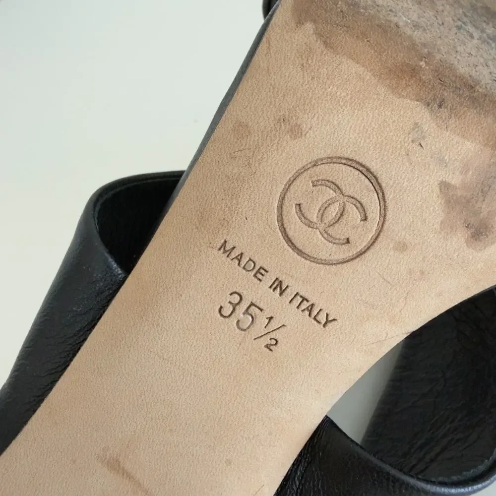 CHANEL‎ Pearl Heel Mules 35 1/2 Black Leather Double Strap Slide Heeled Sandals